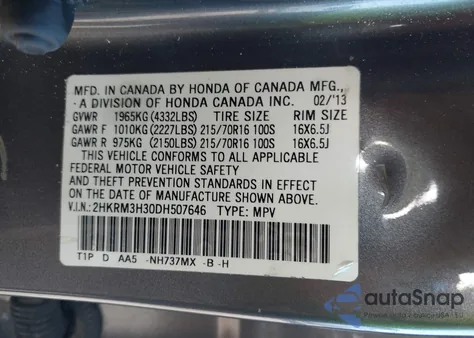 2013 Honda Cr-V Lx from USA, damaged, VIN 2HKRM3H30DH507646